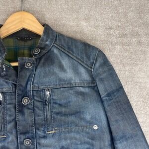 Sisley Denim Jacket Plaid Lined Moto Style Blue Size S